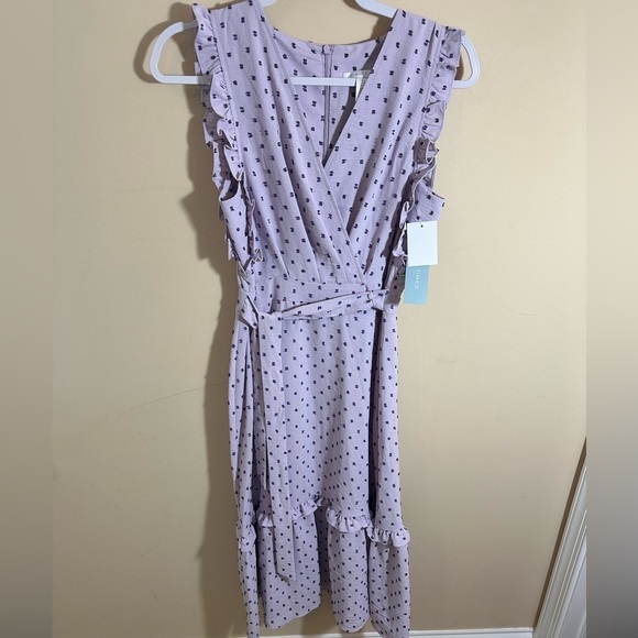 London Times chiffon bow midi dress lavender swiss dot belted size 4 NWT - Picture 2 of 8